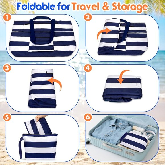 Women's Blue White Waterproof Sandproof Xl Tote Zipper Foldable Beach Bags - Picture 7 of 8